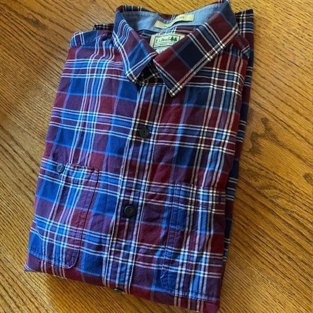 LL Bean Shirt Mens Size L Large Long Sleeve Button Up Red Blue White Traditional
